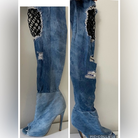 ... Shoes - Blue Denim Knee High Peep Toe Boots Party Club Streetwear Festival